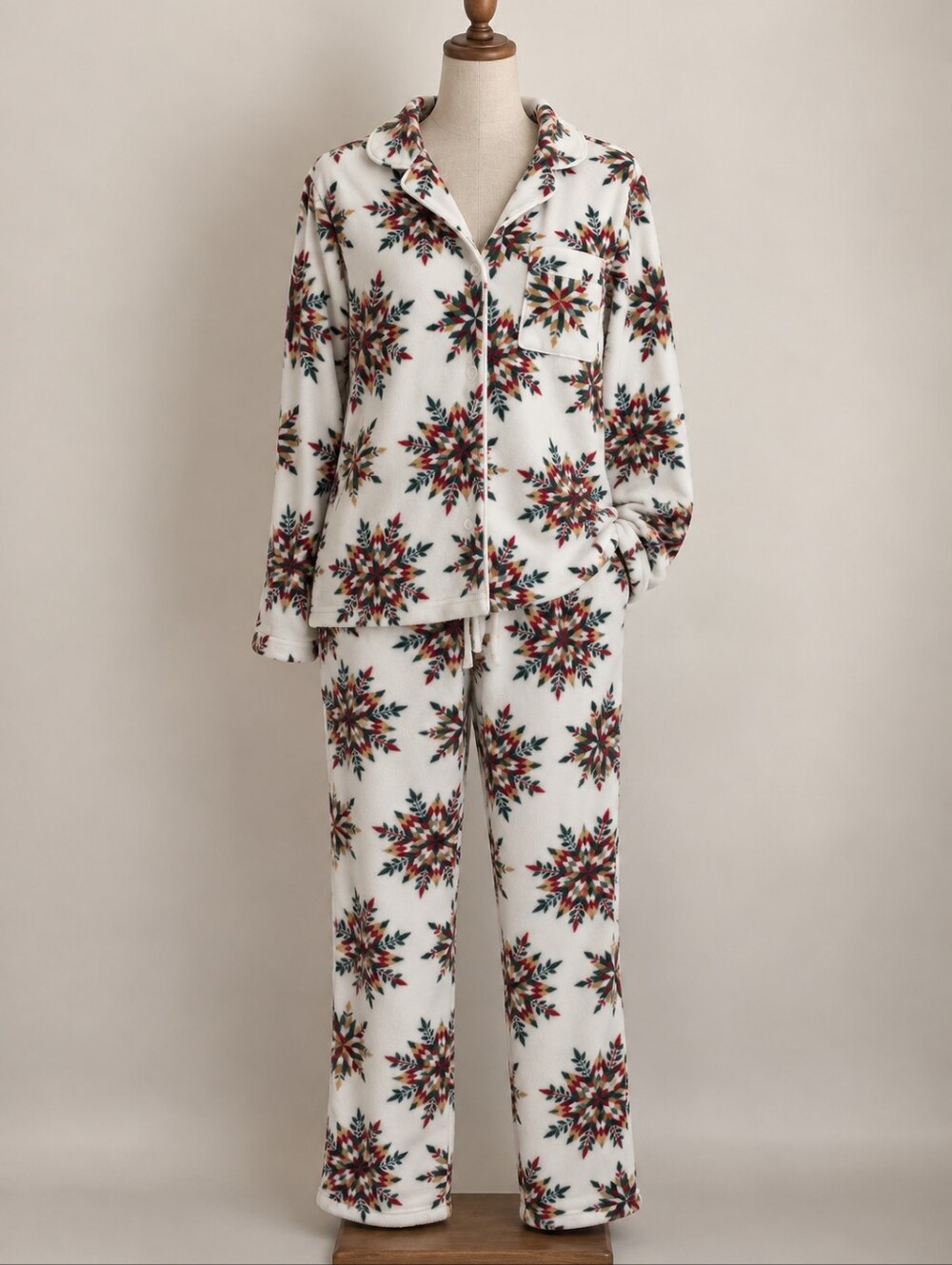 La Vie en Rose Women’s Holiday Fleece Pajama Set Ivory Multicolor Size M - Picture 2 of 5